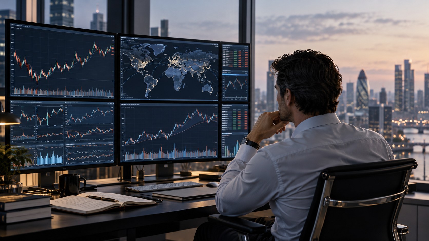 Illustrative editorial image of a professional monitoring global market screens