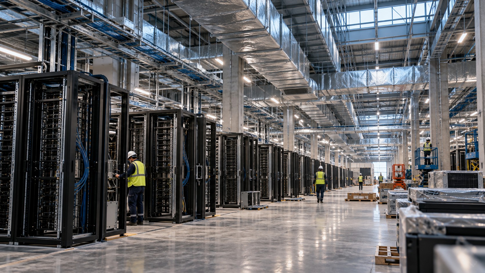 Original editorial illustration of technicians installing equipment in a large data centre under construction