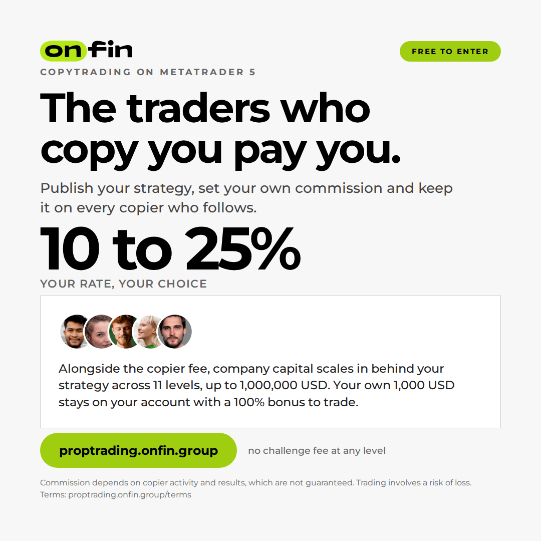 Prop trading MT5 — Copiers pay you — 1080×1080 (EN)