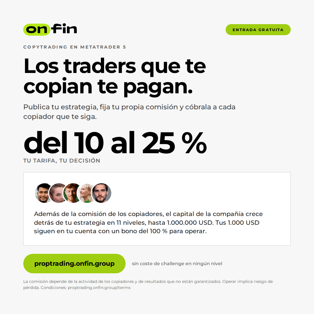 Prop trading MT5 — Copiers pay you — 1080×1080 (ES)