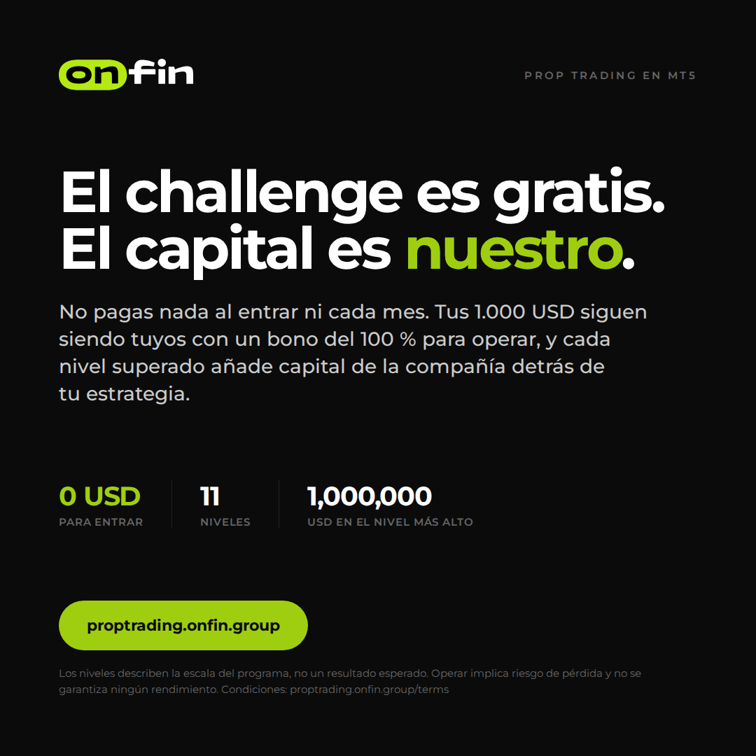 Prop trading MT5 — Flat statement, dark — 1080×1080 (ES)