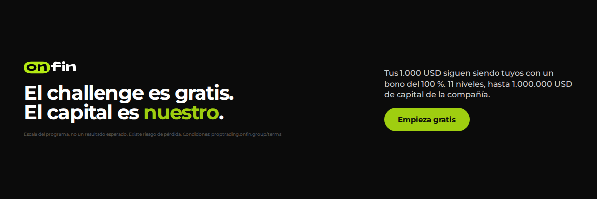 Prop trading MT5 — Flat statement, dark — 1200×400 (ES)