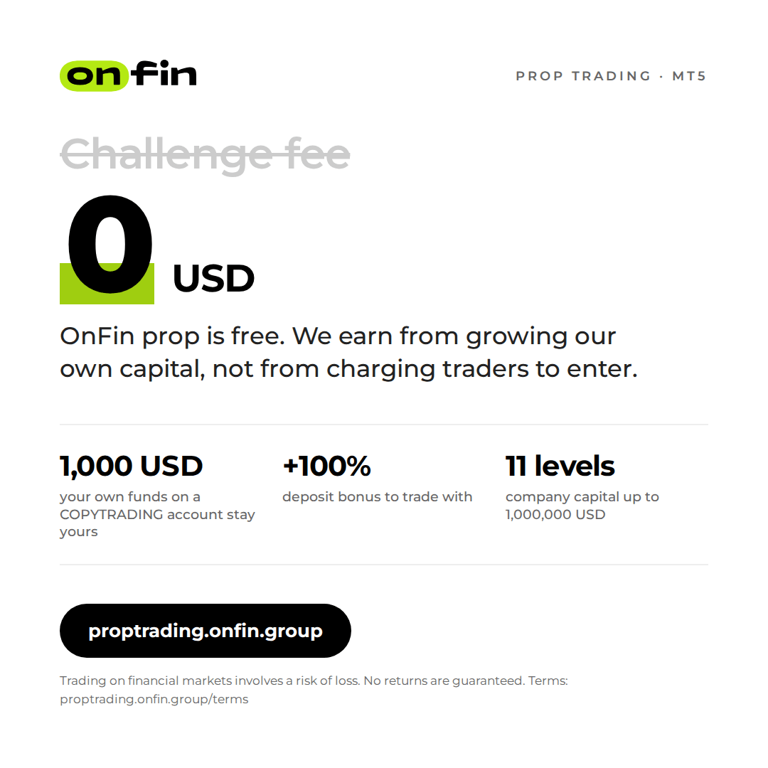 Prop trading MT5 — Price tag, struck fee — 1080×1080 (EN)