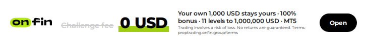Prop trading MT5 — Price tag, struck fee — 728×90 (EN)