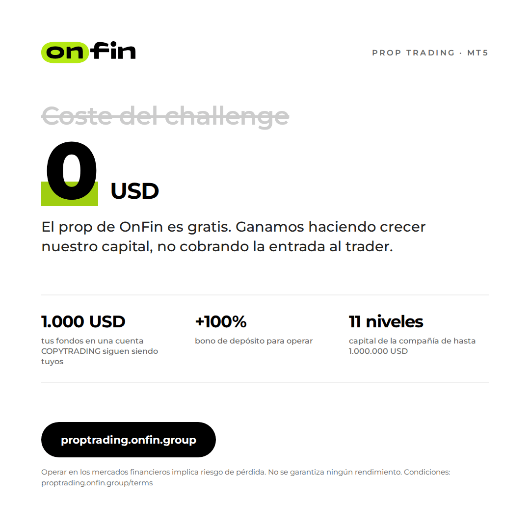 Prop trading MT5 — Price tag, struck fee — 1080×1080 (ES)