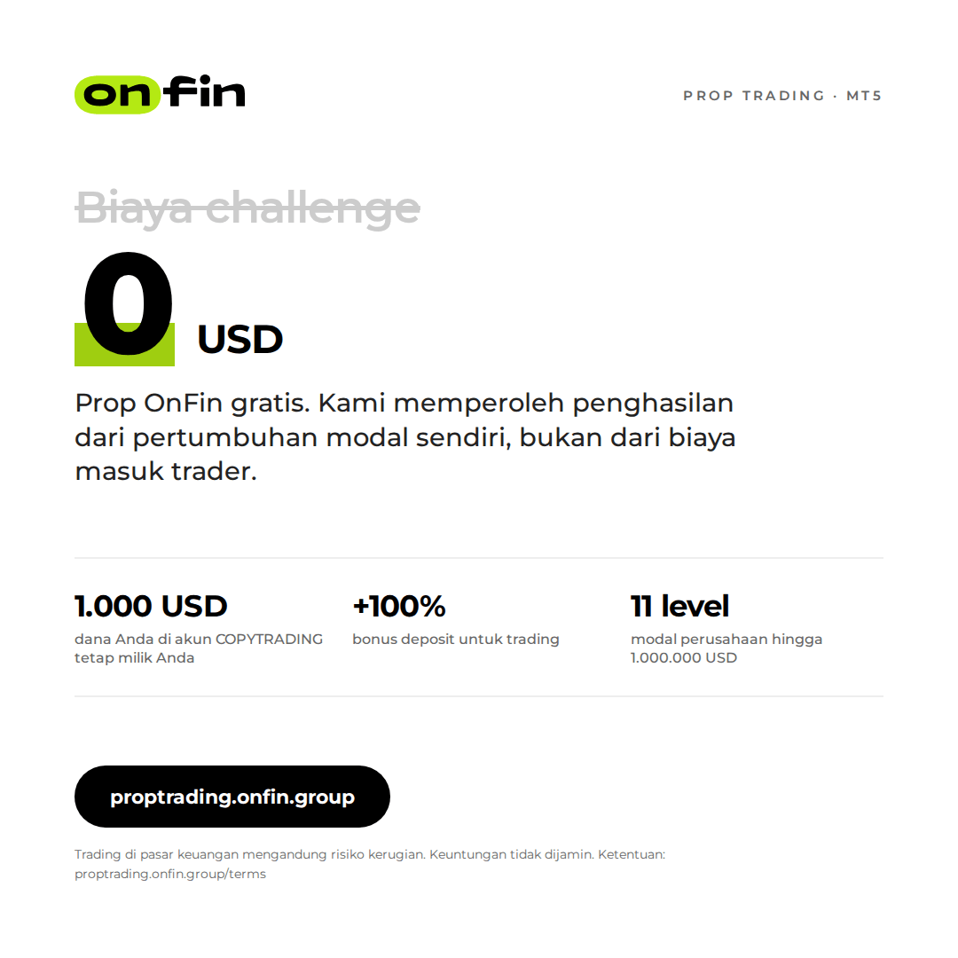 Prop trading MT5 — Price tag, struck fee — 1080×1080 (ID)