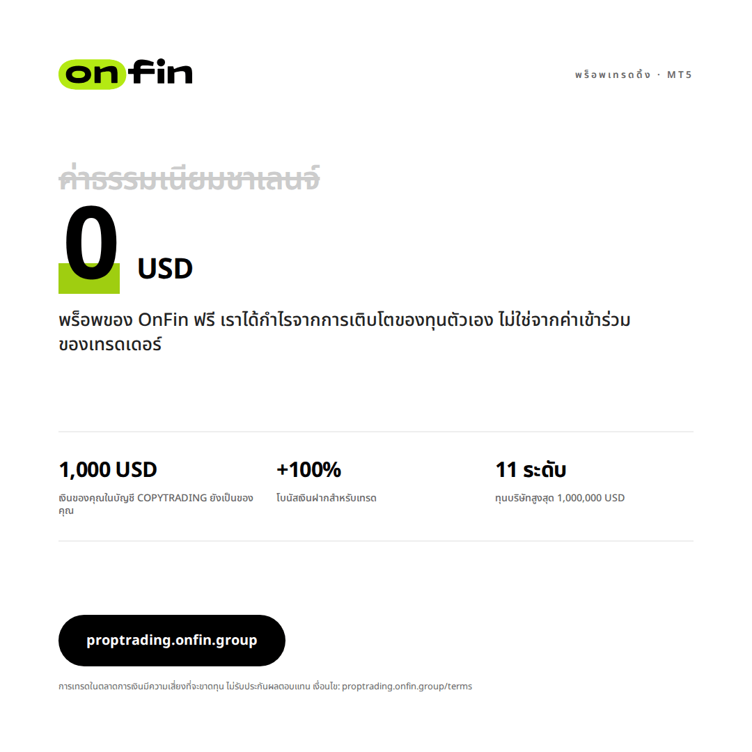 Prop trading MT5 — Price tag, struck fee — 1080×1080 (TH)
