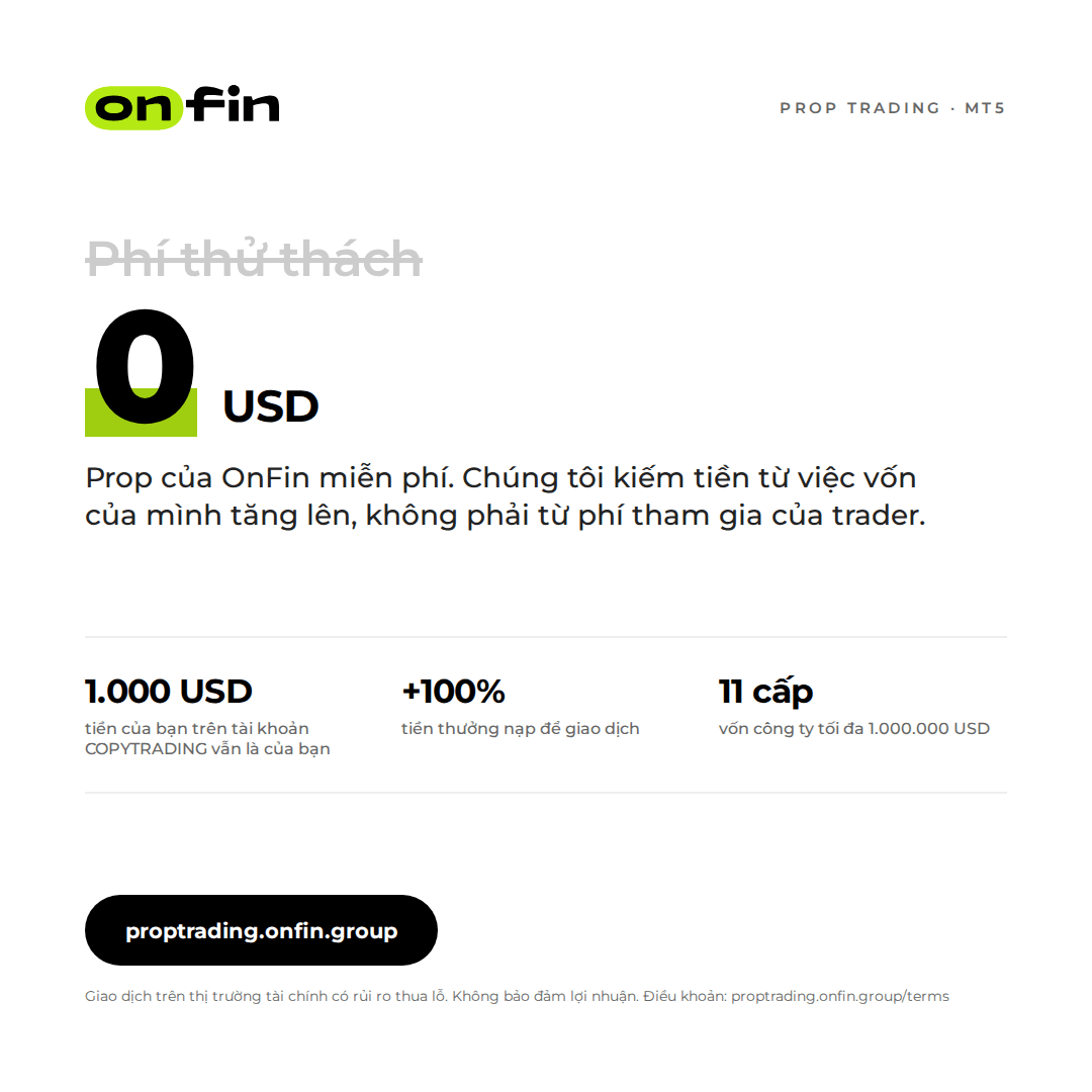 Prop trading MT5 — Price tag, struck fee — 1080×1080 (VI)