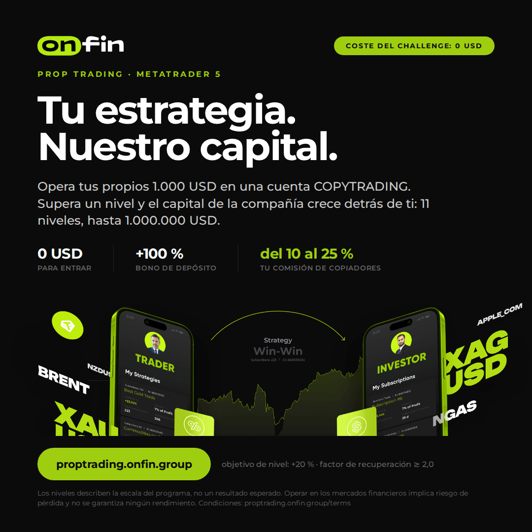 Prop trading MT5 — Product proof, phones — 1080×1080 (ES)