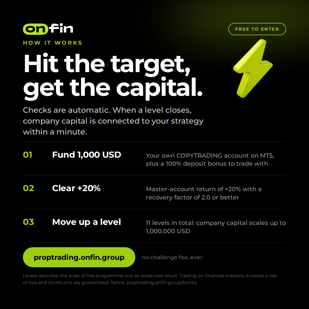 Prop trading MT5 — Three steps — 1080×1080 (EN)