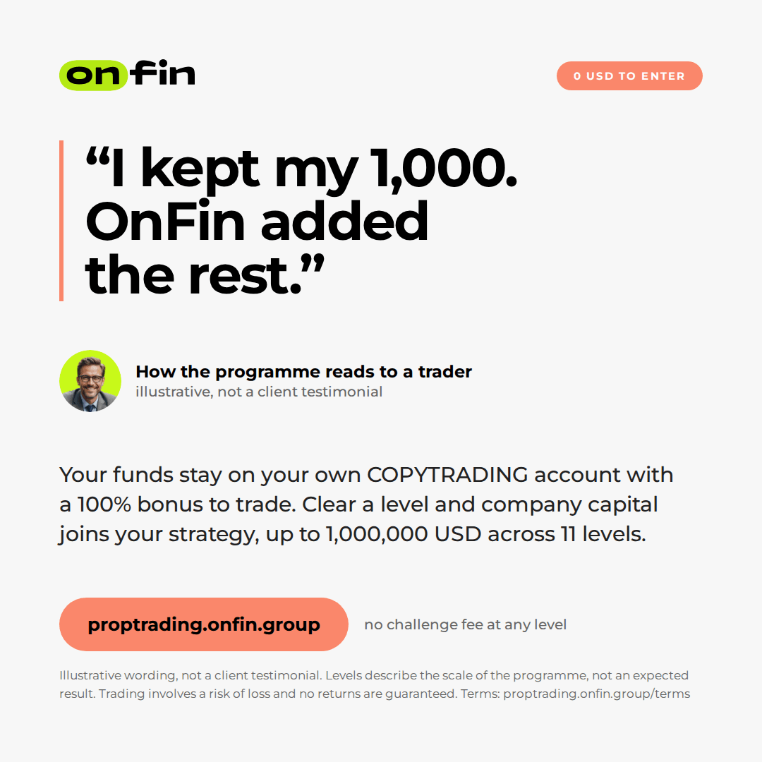 Prop trading MT5 — Trader voice, coral — 1080×1080 (EN)