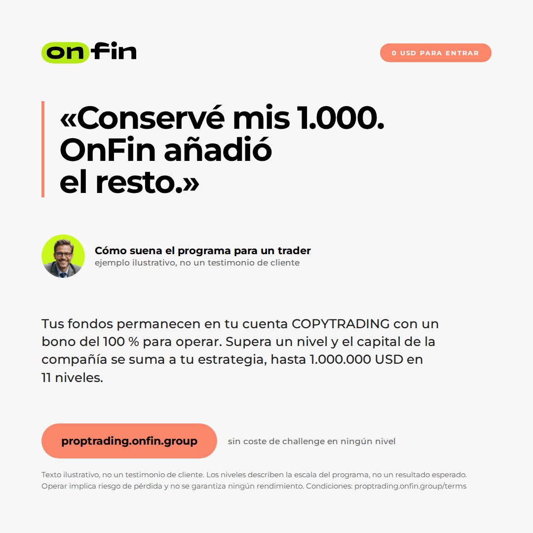 Prop trading MT5 — Trader voice, coral — 1080×1080 (ES)