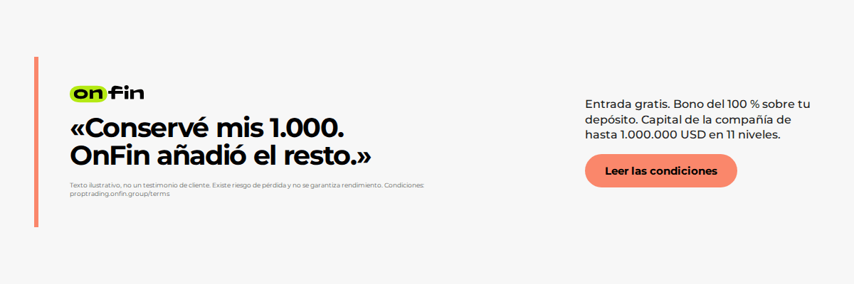 Prop trading MT5 — Trader voice, coral — 1200×400 (ES)